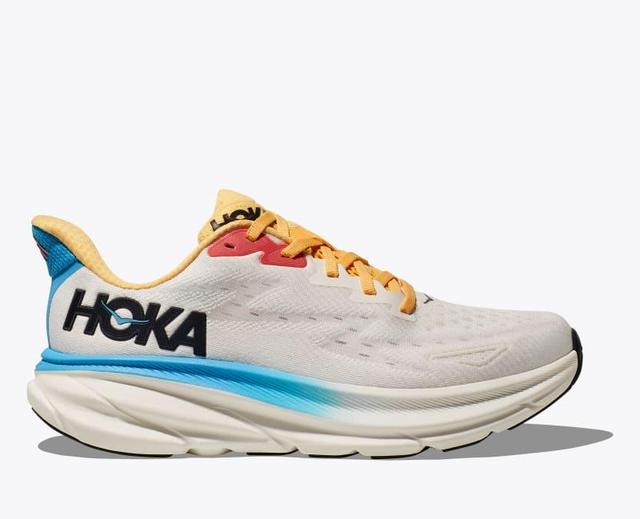 HOKA Womens Clifton 9 Shoes in Blanc De Blanc/Swim Day, Size 5 Product Image