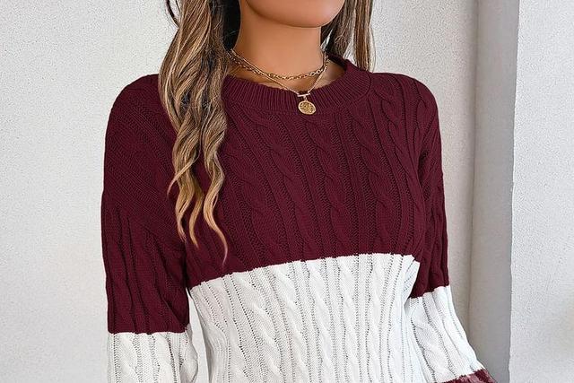 Crew Neck Color Block Cable Knit Mini Sheath Sweater Dress Product Image