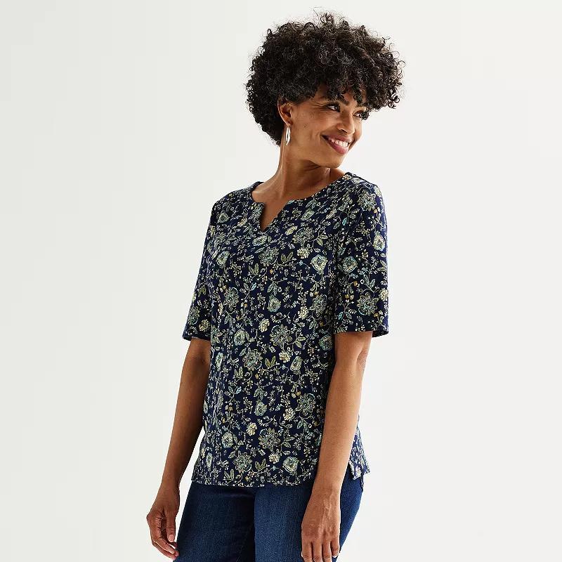 Womens Croft & Barrow Elbow-Sleeve Splitneck Top Blue Mixed Blooms product image