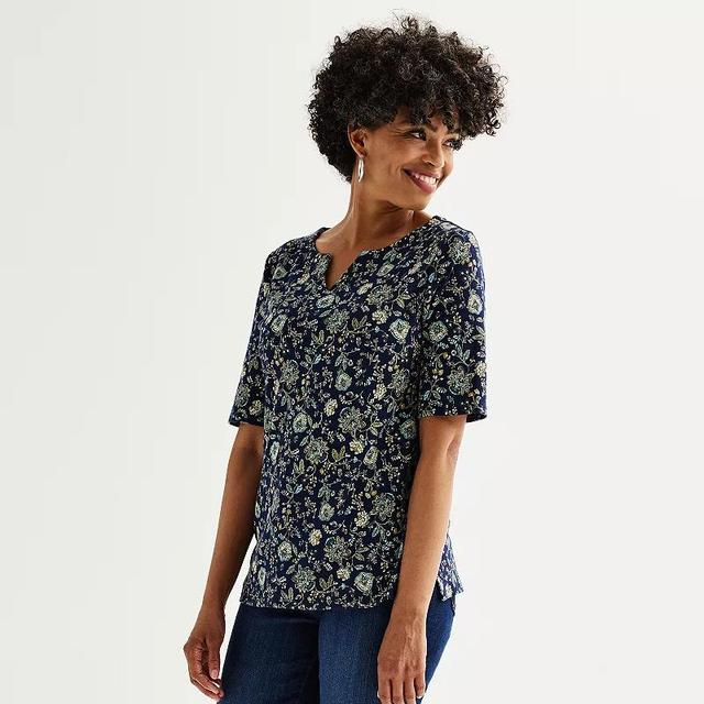 Womens Croft & Barrow Elbow-Sleeve Splitneck Top Blue Mixed Blooms Product Image