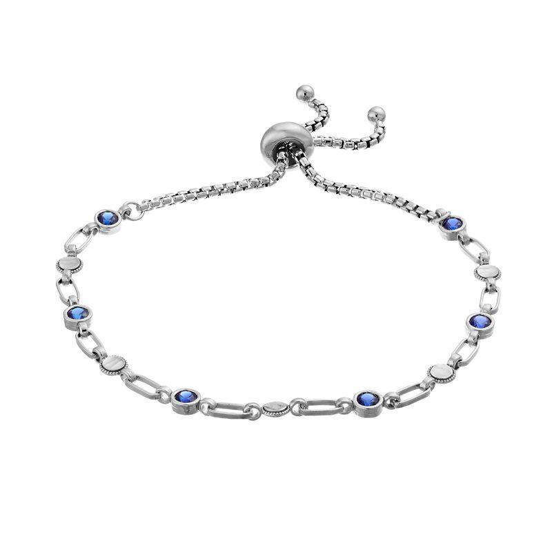 Kristen Kesho Sterling Silver Lab-Created Sapphire & Round Link Adjustable Bolo Bracelet, Womens Product Image