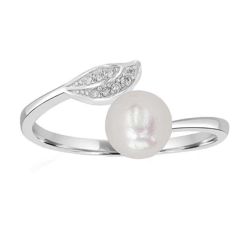 Silver Treasures Cubic Zirconia Simulated Pearl Sterling Silver Round Bypass Band, 6 Product Image