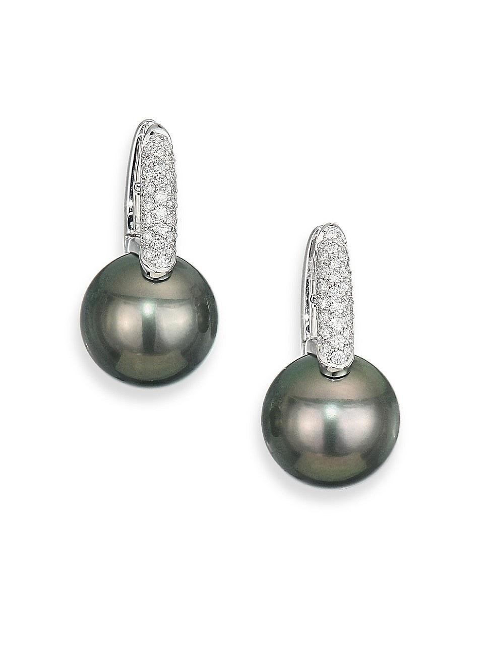 Womens Black South Sea 10MM-11MM Black Pearl, Diamond & 18K White Gold Drop Earrings Product Image