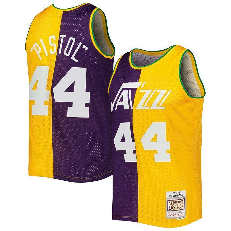 Mens Mitchell & Ness Pete Maravich /Yellow New Orleans Jazz Hardwood Classics 1974-75 Split Swingman Jersey Product Image