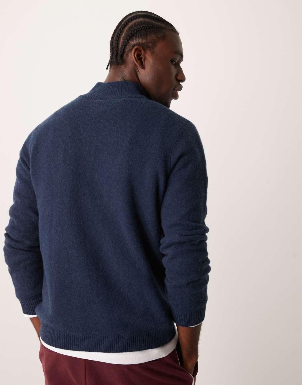 ASOS DESIGN lambs wool quarter zip sweater in navy Product Image