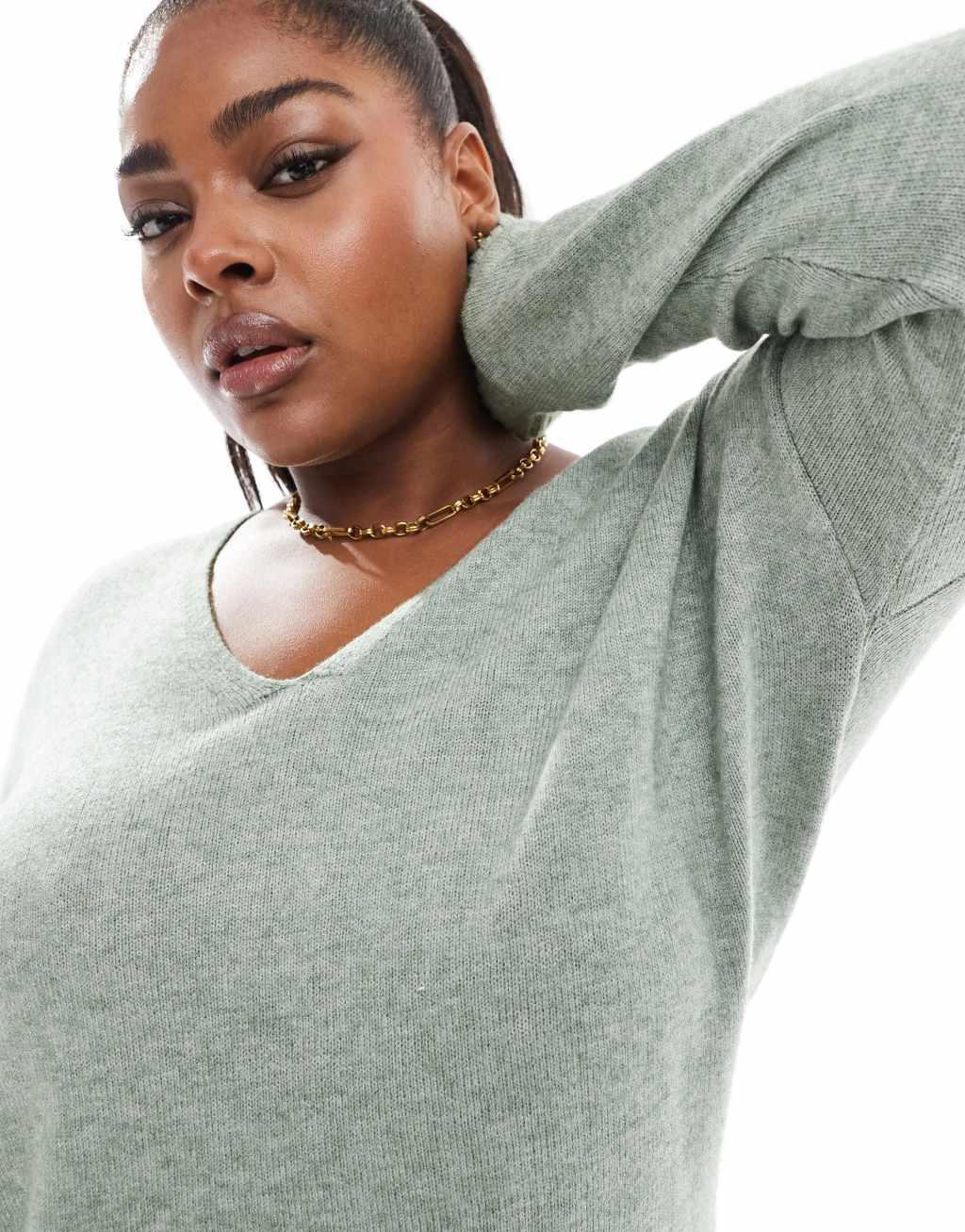 ONLY Curve v-neck sweater in light heathered green  Product Image