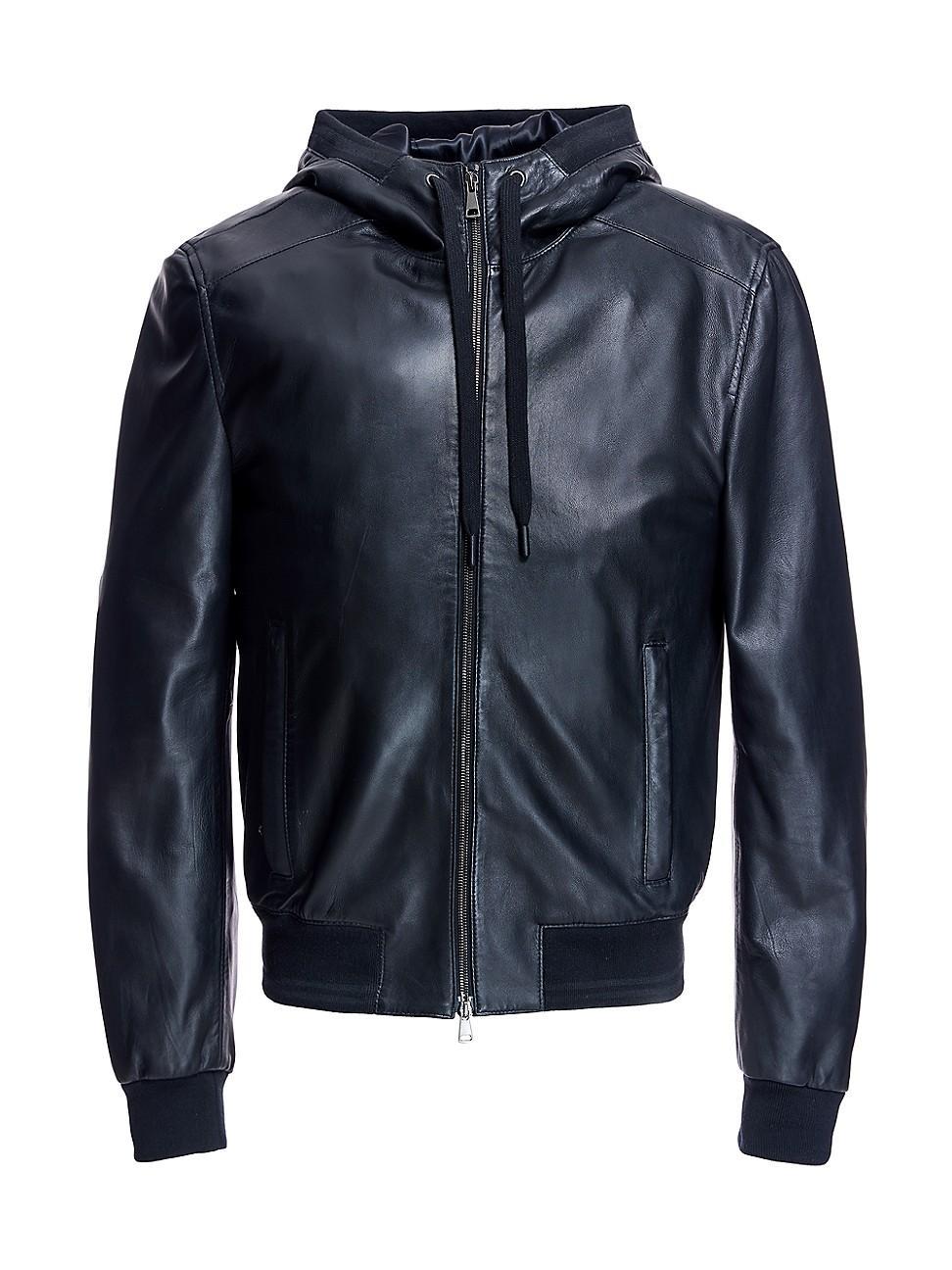 Mens Slim Hooded Leather Bomber Jacket Product Image