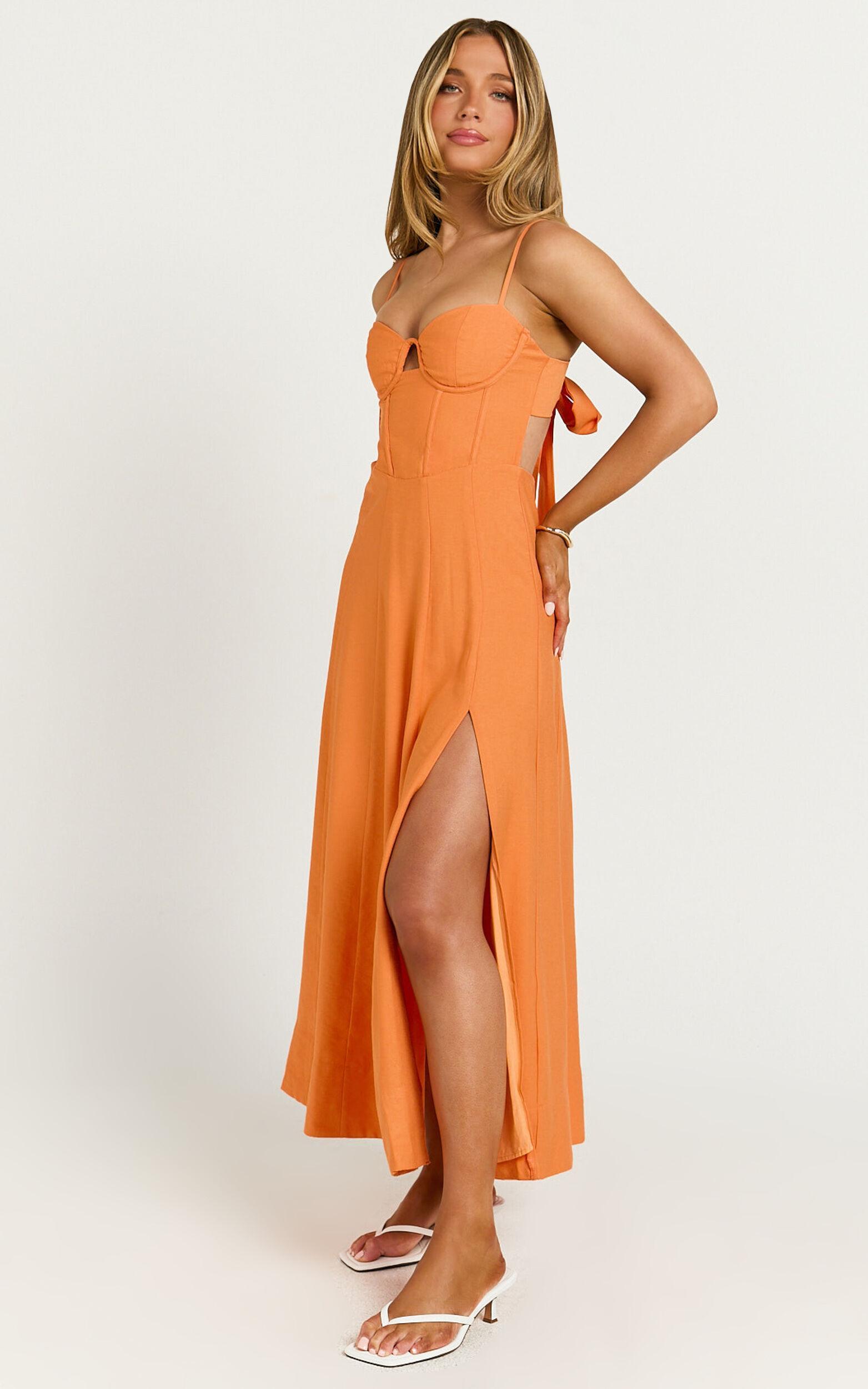 Amalie The Label - Ray Corset Panel Tie Back Midi Dress in Orange Product Image