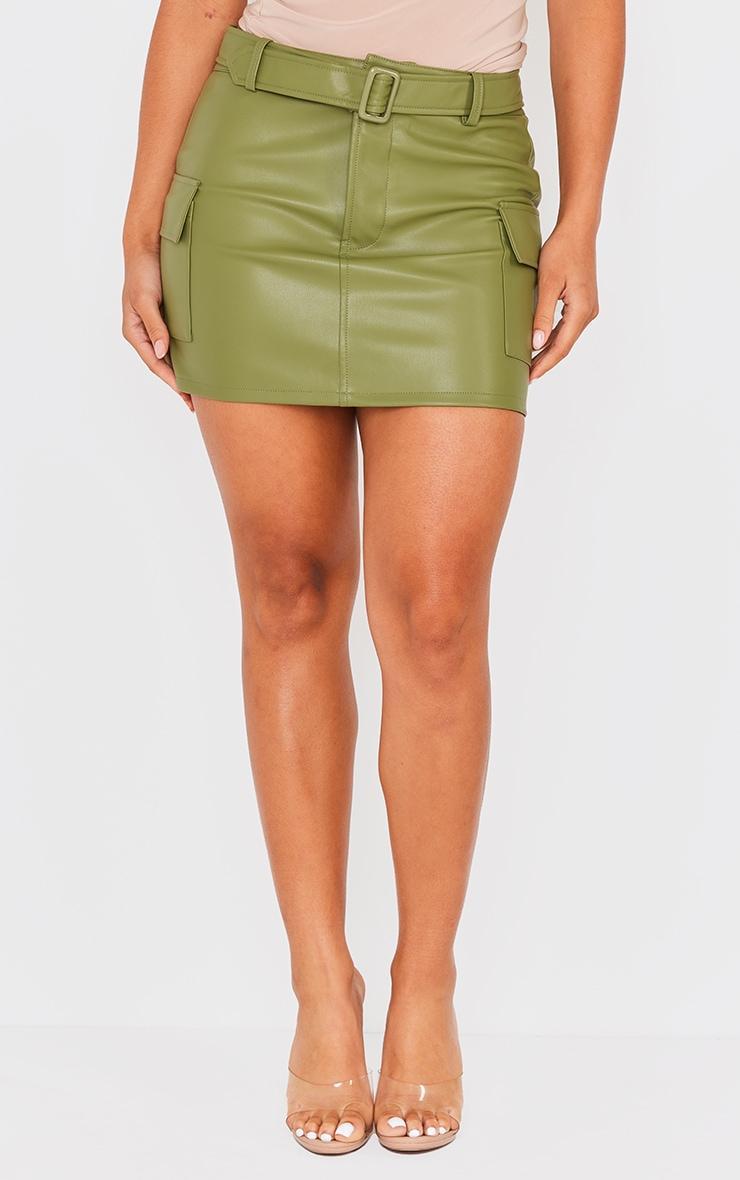 Khaki Faux Leather Belted Mini Skirt Product Image