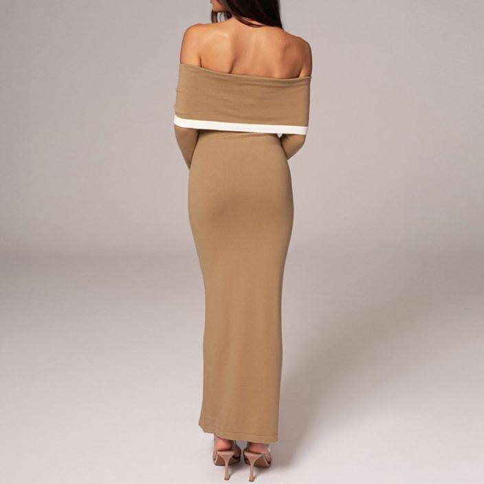 Long-Sleeve Off-Shoulder Contrast Trim Maxi Sheath Knit Dress Product Image