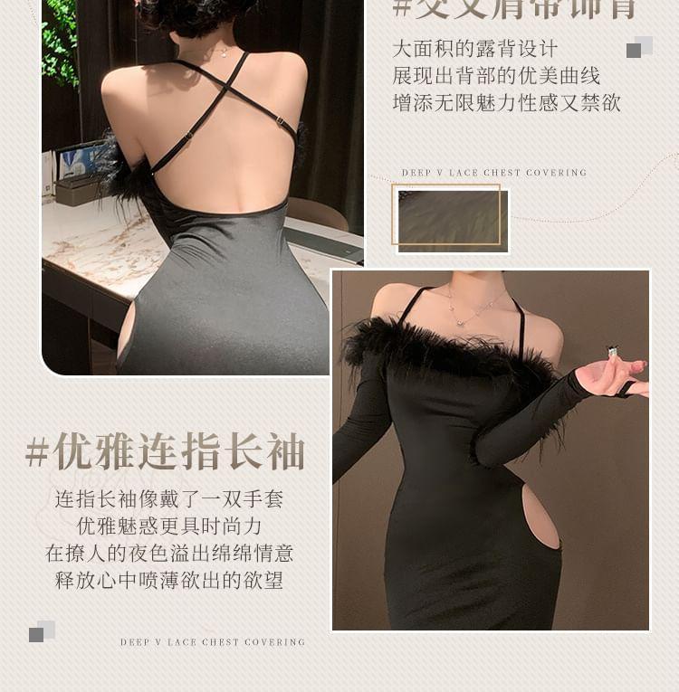 Lingerie Off-Shoulder Feather-Trim Bodycon Mini Dress Product Image