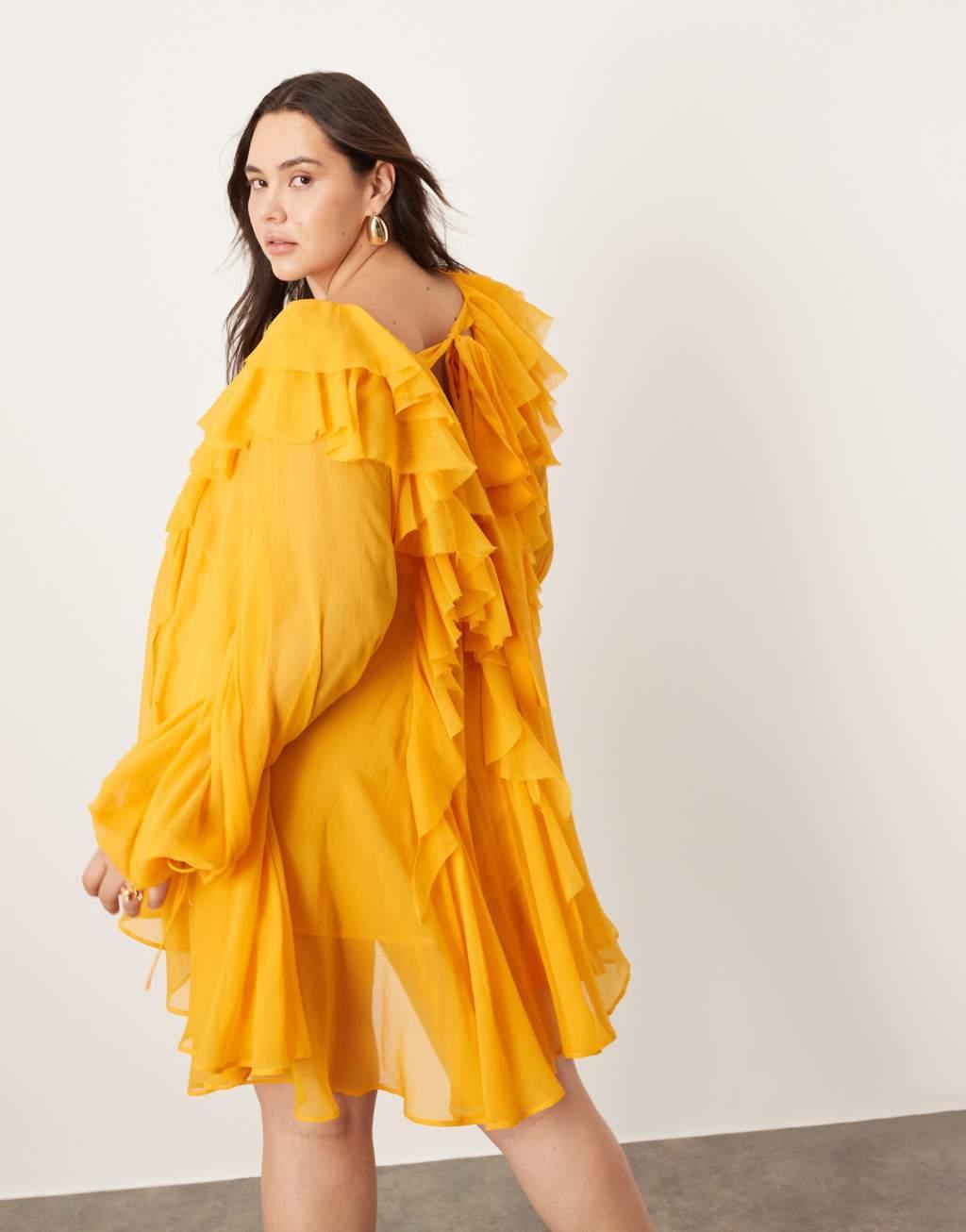 ASOS EDITION Curve chiffon raw edge ruffle mini dress in orange Product Image