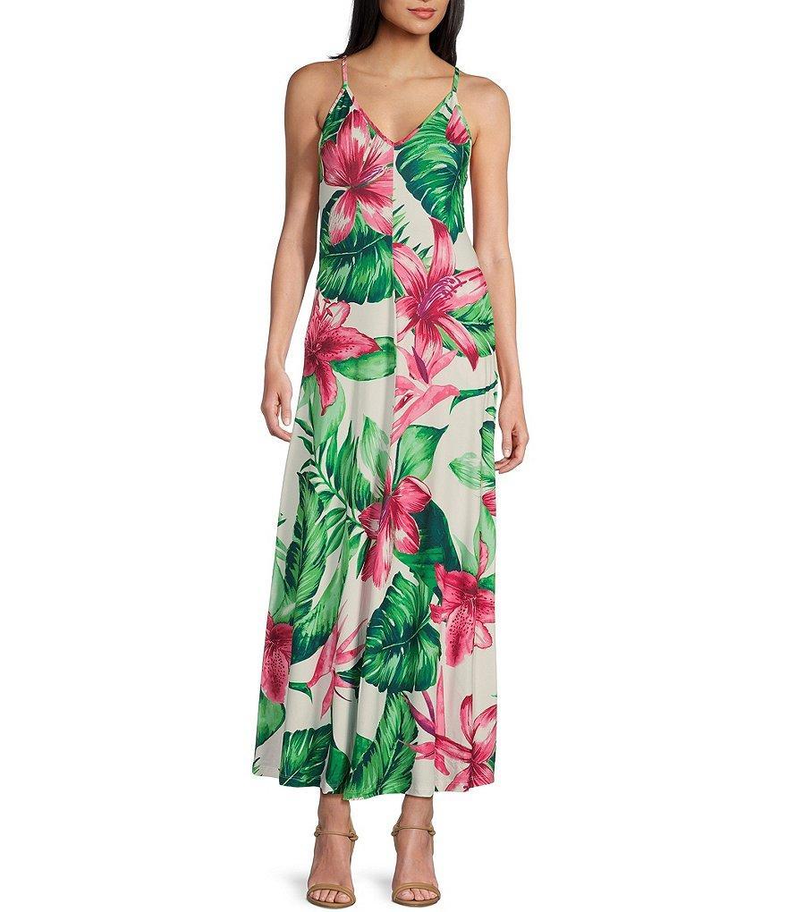 Stilletto's V-Neck Spaghetti Strap Tropical Knit Maxi Dress Product Image