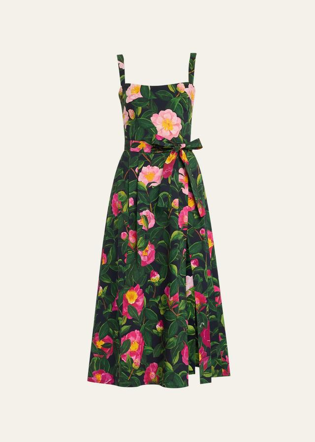 Oscar de la Renta Camellias Floral Bow Square Neck Stretch Cotton Poplin Dress Product Image