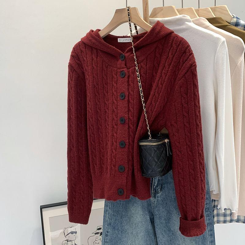 Plain Hooded Cable-Knit Cardigan Product Image