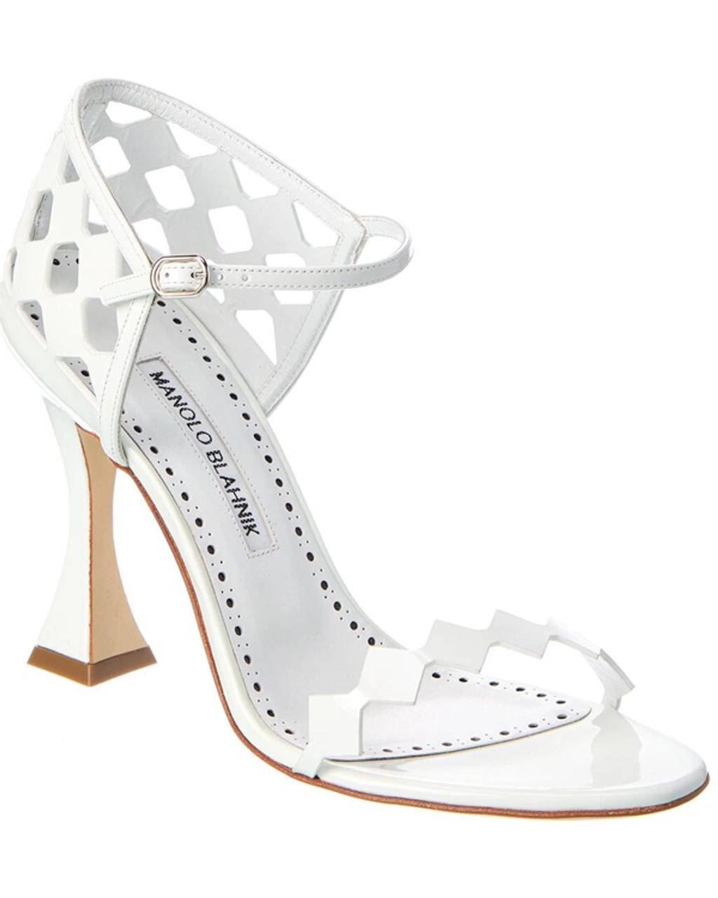 MANOLO BLAHNIK Kalun Cutout Patent Leather Stiletto Sandals In White Product Image