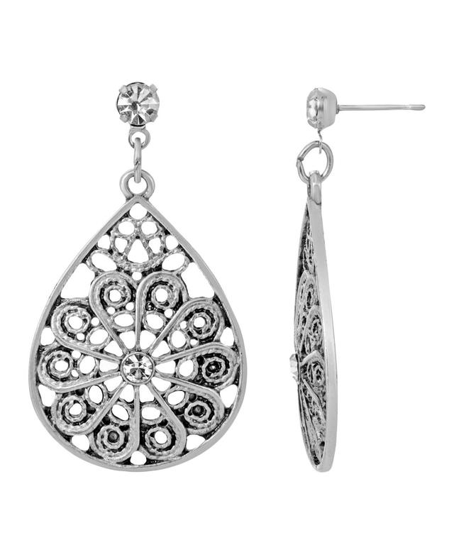 1928 Silver Tone Crystal Teardrop Filigree Drop Earrings, Womens, White Product Image