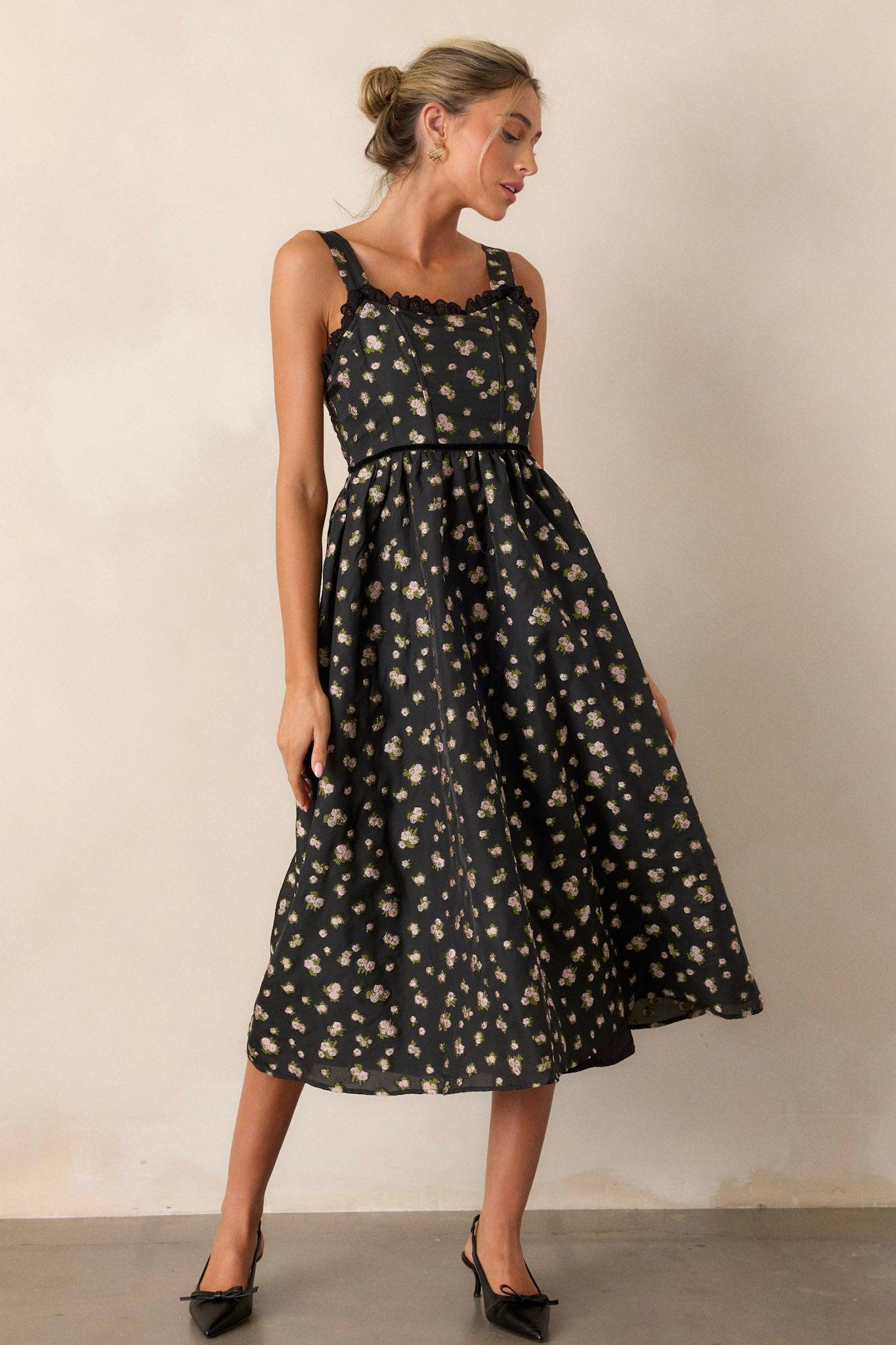 Going Out Again Black Floral Midi Dress Product Image