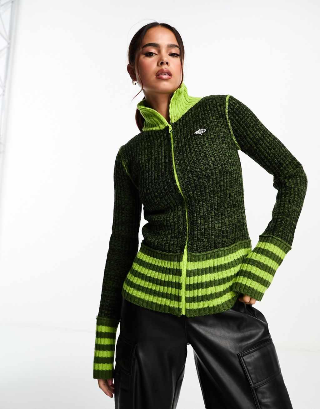 Basic Pleasure Mode stripe detail zip up knit cardigan top in green Product Image