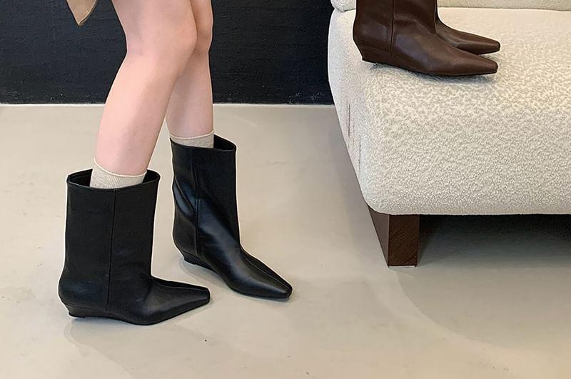 Wedge Heel Plain Faux Leather Short Boots Product Image