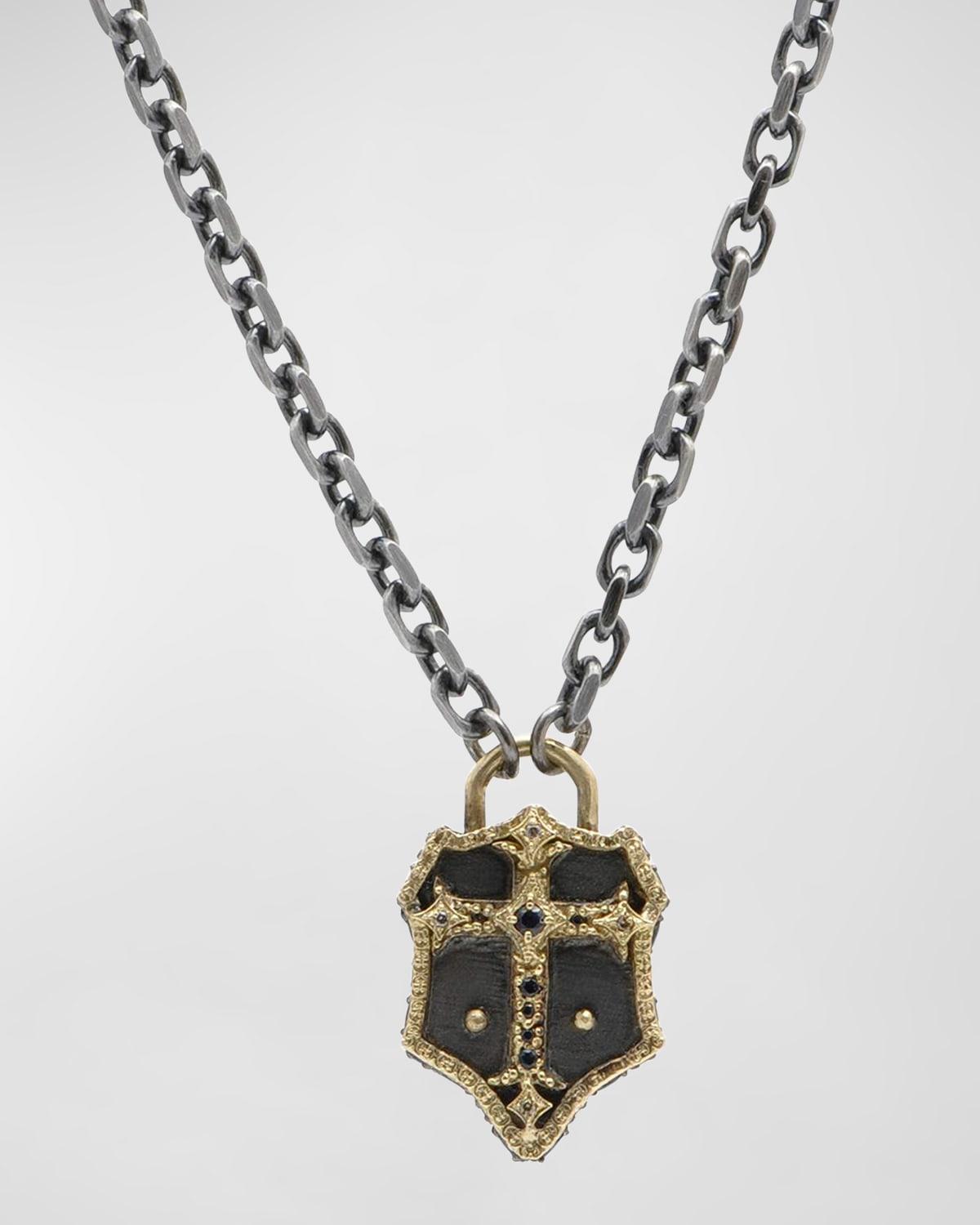 Mens Diamond & Black Sapphire Cross Shield Necklace Product Image