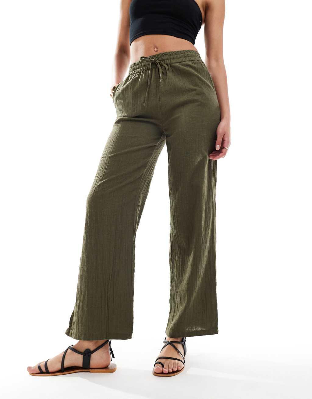 ONLY Tall linen texture wide leg pants in khaki  Product Image