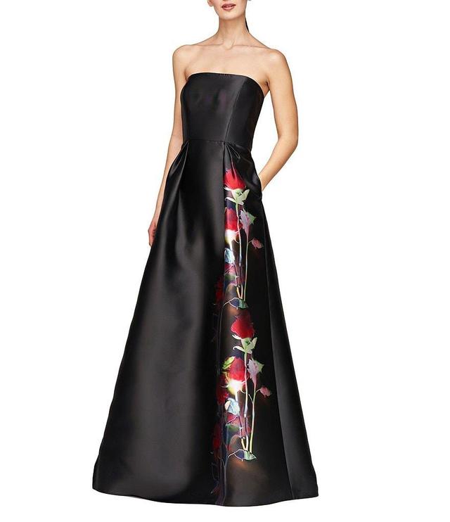 Kay Unger Floral Print Mikado Strapless Neck Sleeveless Column Skirt Ball Gown Product Image