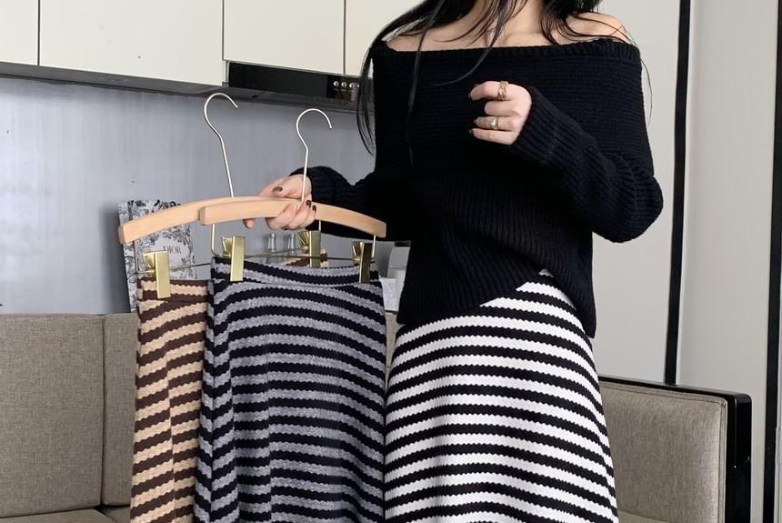 High Rise Striped A-Line Maxi Skirt Product Image