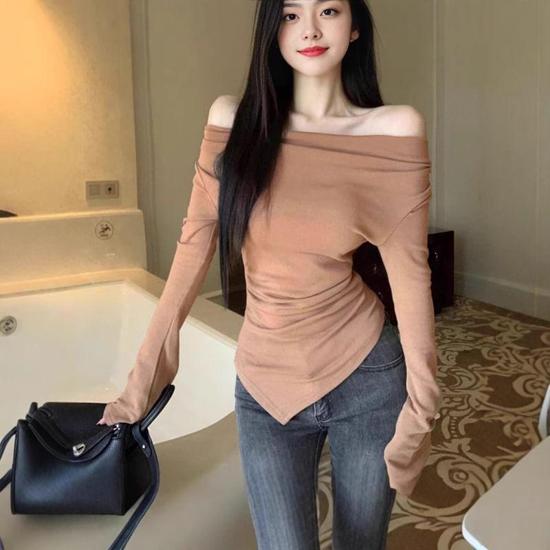 Long-Sleeve Off-Shoulder Asymmetrical T-Shirt Product Image