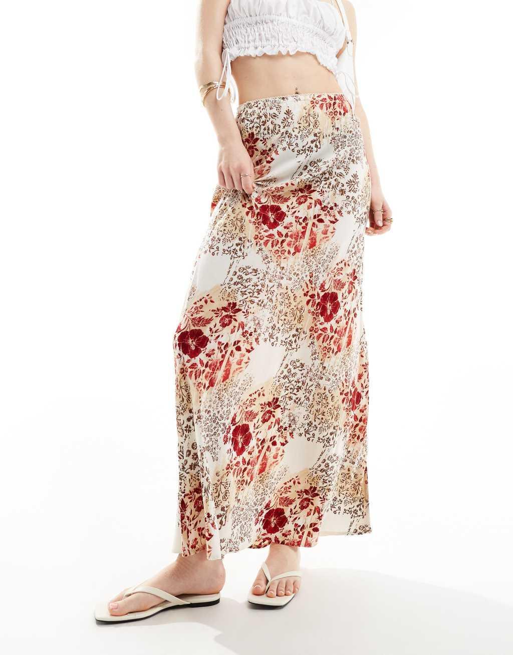 Miss Selfridge picot trim bias maxi skirt in patchwork print Product Image