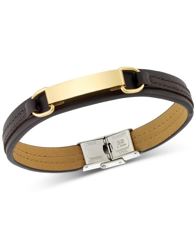 Legacy for Men by Simone I. Smith Id Plate Brown Leather Bracelet in Stainless Steel Yellow Ion-Plate Product Image