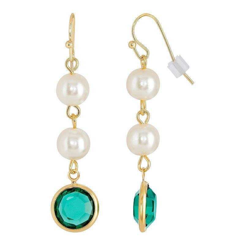 1928 Gold Tone Simulated Pearl & Crystal Drop Earrings, Womens, Green Product Image