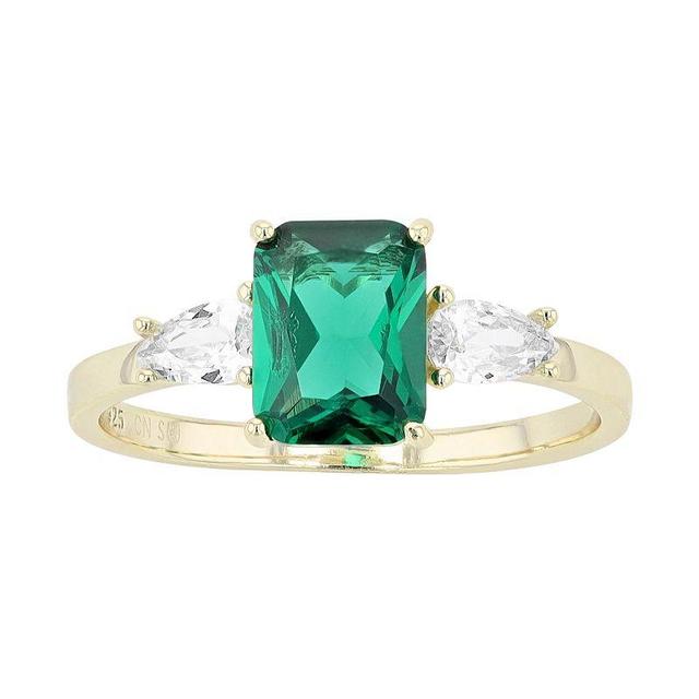 14k Gold Over Silver Green & White Cubic Zirconia 3-Stone Ring, Womens Gold Tone Product Image