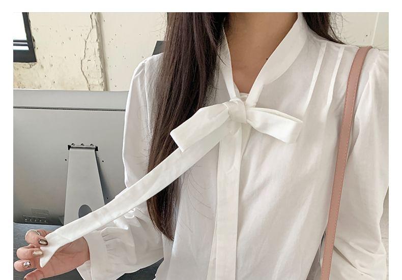 Long-Sleeve Ribbon Neck Plain Blouse Product Image