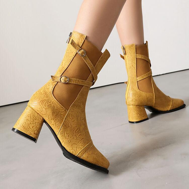 Square Toe Buckled Panel Block Heel Mid Calf Boots Product Image