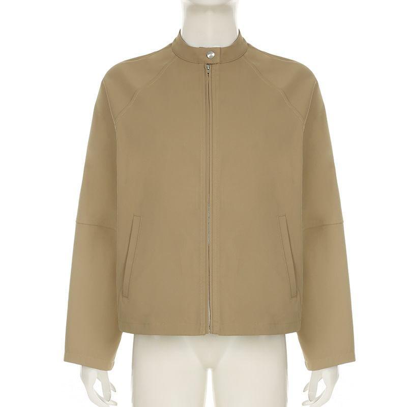 Stand Collar Plain Zip Jacket Product Image