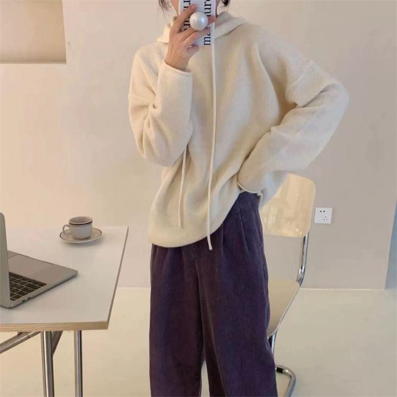 Long-Sleeve Plain Hooded Sweater Product Image