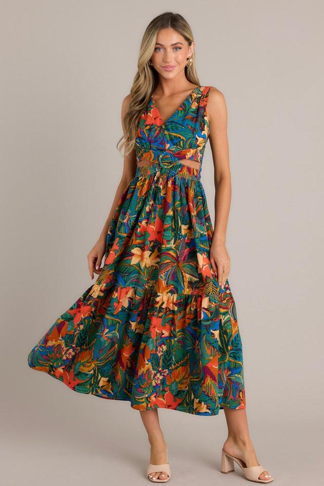 Pacific Flora Green Tropical Print Cutout Midi Dress Product Image