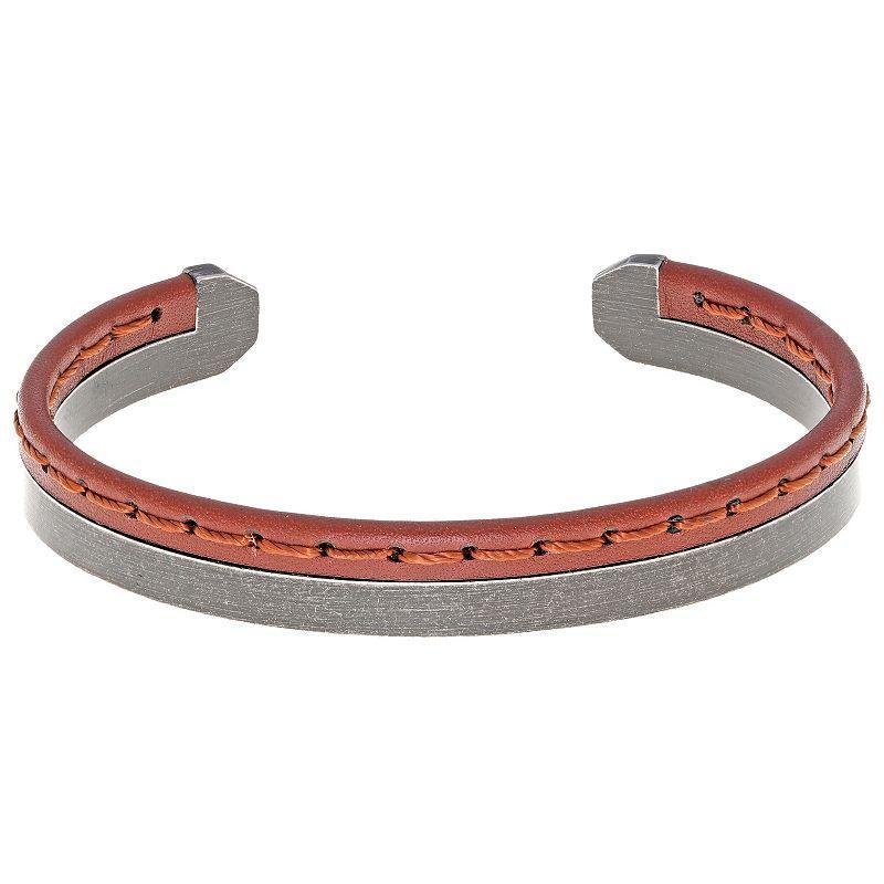 LYNX Mens Stainless Steel & Brown Leather Cuff Bangle Bracelet Product Image