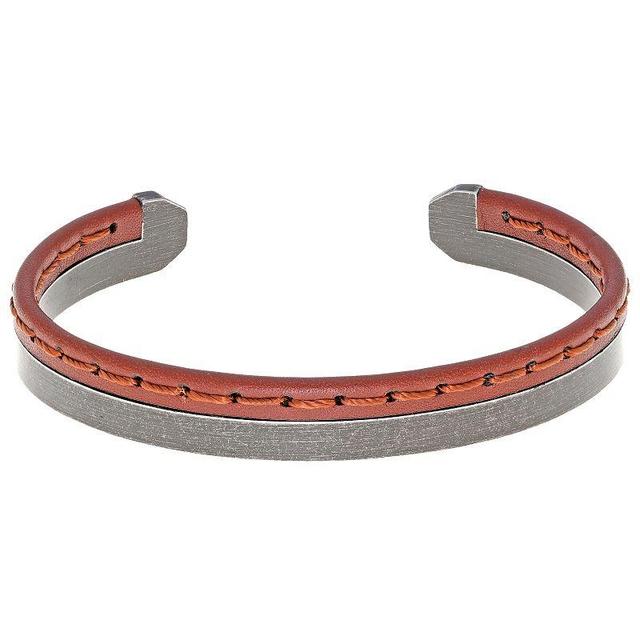 LYNX Mens Stainless Steel & Brown Leather Cuff Bangle Bracelet Multicolor Product Image