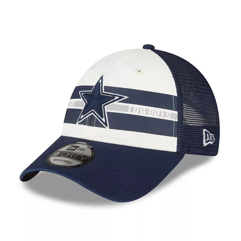 Mens New Era Cream/Navy Dallas Cowboys Team Stripe Trucker 9FORTY Snapback Hat Product Image