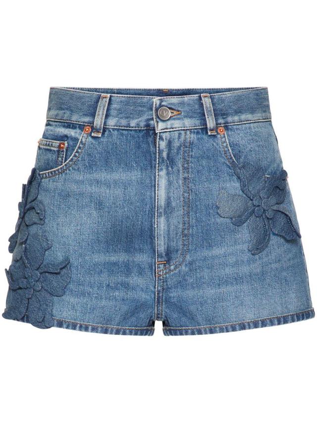 Floral-appliqué Denim Shorts In Blue Product Image