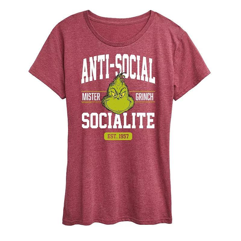 Womens Dr. Seuss The Grinch Anti Social Socialite Graphic Tee, Girls Grey Dark Red Product Image