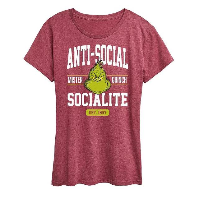 Womens Dr. Seuss The Grinch Anti Social Socialite Graphic Tee, Girls Grey Blue Product Image