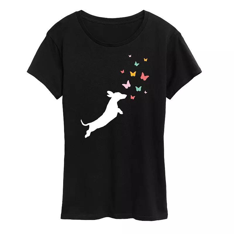 Womens Dachshund Chasing Butterflies Graphic Tee Product Image