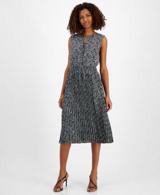 T Tahari Womens Printed Split-Neck Fit & Flare Sleeveless Midi Dress Product Image