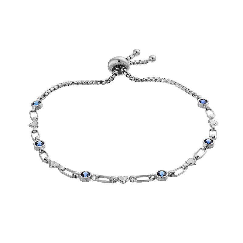 Kristen Kesho Sterling Silver Lab-Created Sapphire & Heart Link Adjustable Bolo Bracelet, Womens Grey Product Image