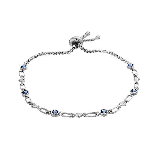 Kristen Kesho Sterling Silver Lab-Created Sapphire & Heart Link Adjustable Bolo Bracelet, Womens Product Image