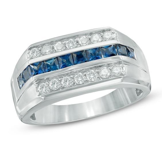 Men's Square-Cut Blue Sapphire and 3/8 CT. T.w. Diamond Ring in 14K White Gold Product Image