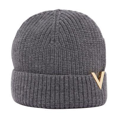 Knitted Wool Beanie With Gold V In Grey product image